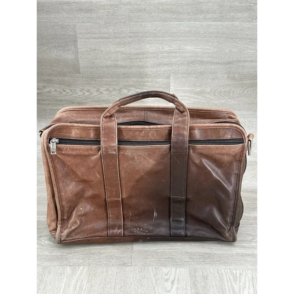 VTG Tumi Alpha Leather Briefcase Brown Expandable NO STRAP Wear Stains